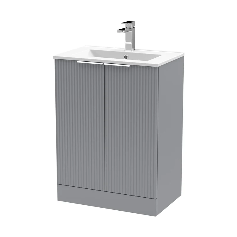 Hudson Reed Fluted 600mm Floor Standing 2 Door Vanity & Basin 2 Contemp Satin Grey MFC Painted Gloss 828x600x390mm