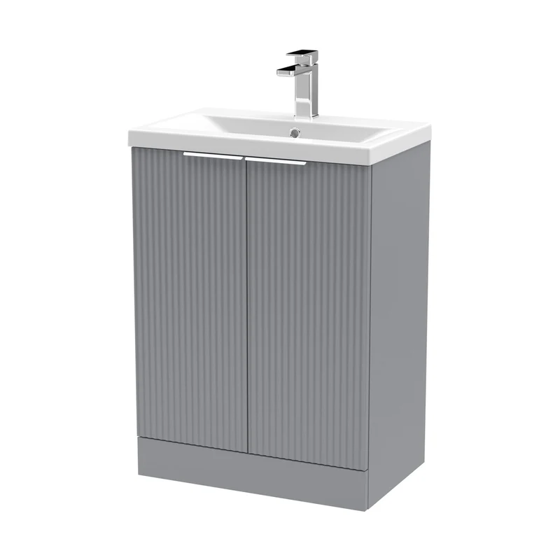 Hudson Reed Fluted 600mm Floor Standing 2 Door Vanity & Basin 1 Contemp Satin Grey MFC Painted Gloss 850x610x390mm