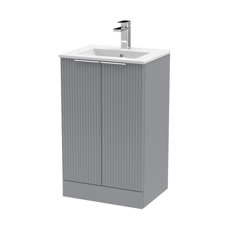 Hudson Reed Fluted 500mm Floor Standing 2 Door Vanity & Basin 2 Contemp Satin Grey MFC Painted Gloss 828x500x390mm