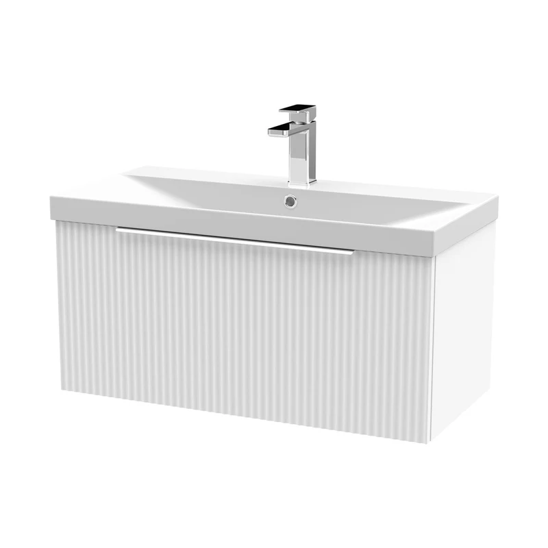 Hudson Reed Fluted 800mm Wall Hung Single Drawer Vanity & Basin 3 Contemp Satin White MFC Painted Gloss 409x810x395mm