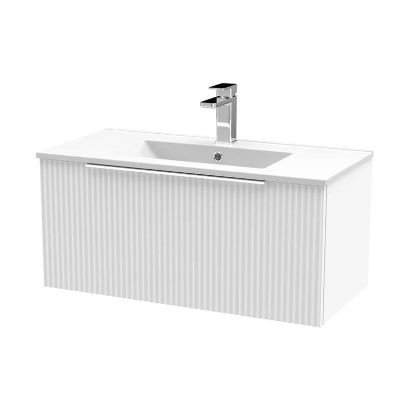 Hudson Reed Fluted 800mm Wall Hung Single Drawer Vanity & Basin 2 Contemp Satin White MFC Painted Gloss 377x800x390mm