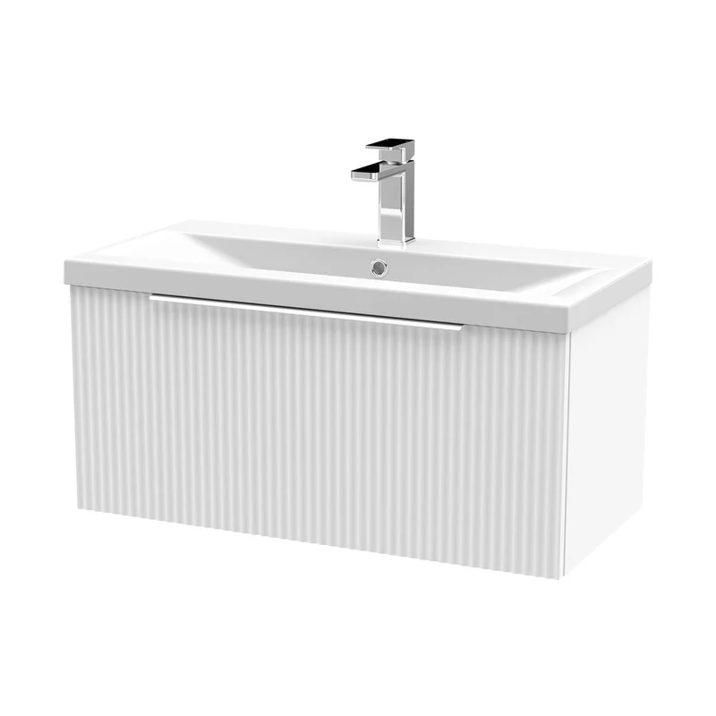 Hudson Reed Fluted 800mm Wall Hung Single Drawer Vanity & Basin 1 Contemp Satin White MFC Painted Gloss 399x810x390mm