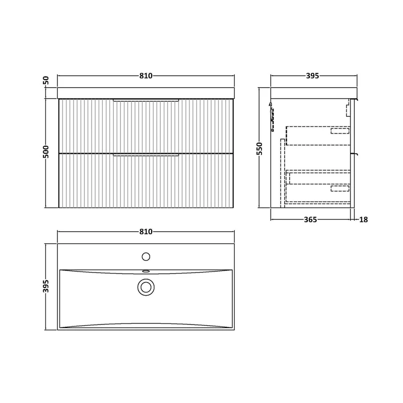 Hudson Reed Fluted 800mm Wall Hung 2 Drawer Vanity & Basin 3 Contemp Satin White MFC Painted Gloss 550x810x395mm
