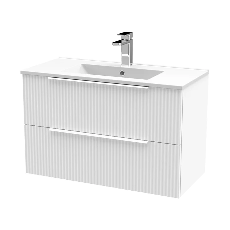 Hudson Reed Fluted 800mm Wall Hung 2 Drawer Vanity & Basin 2 Contemp Satin White MFC Painted Gloss 518x800x390mm
