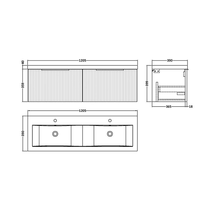 Hudson Reed Fluted 1200mm Wall Hung 2 Drawer Vanity & Double Basin Contemp Satin White MFC Painted Gloss 399x1205x383mm - DFF194F