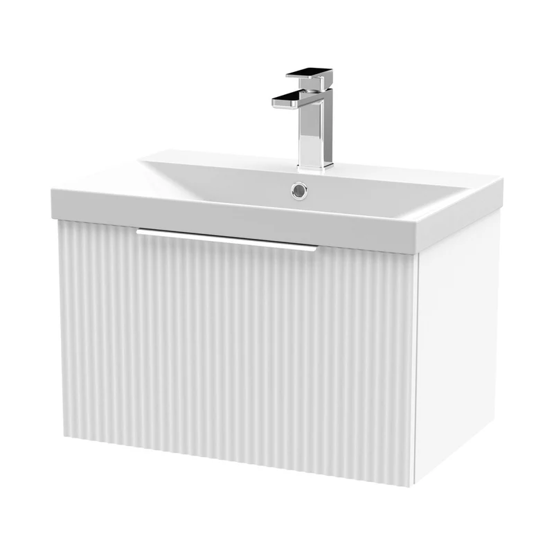 Hudson Reed Fluted 600mm Wall Hung Single Drawer Vanity & Basin 3 Contemp Satin White MFC Painted Gloss 409x610x395mm