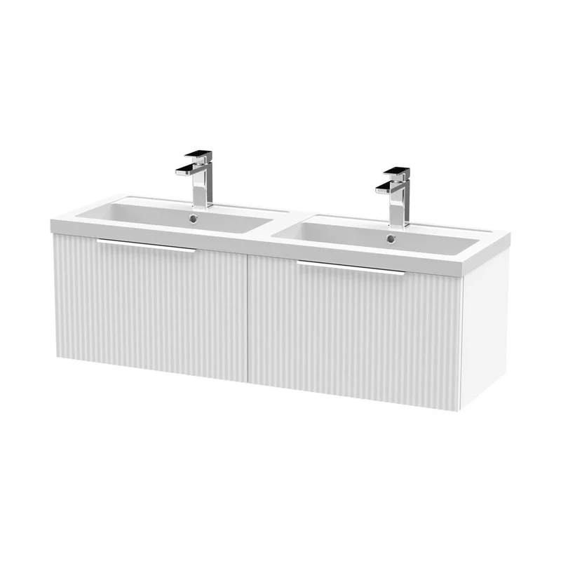 Hudson Reed Fluted 1200mm Wall Hung 2 Drawer Vanity & Double Basin Contemp Satin White MFC Painted Gloss 399x1205x383mm - DFF194C
