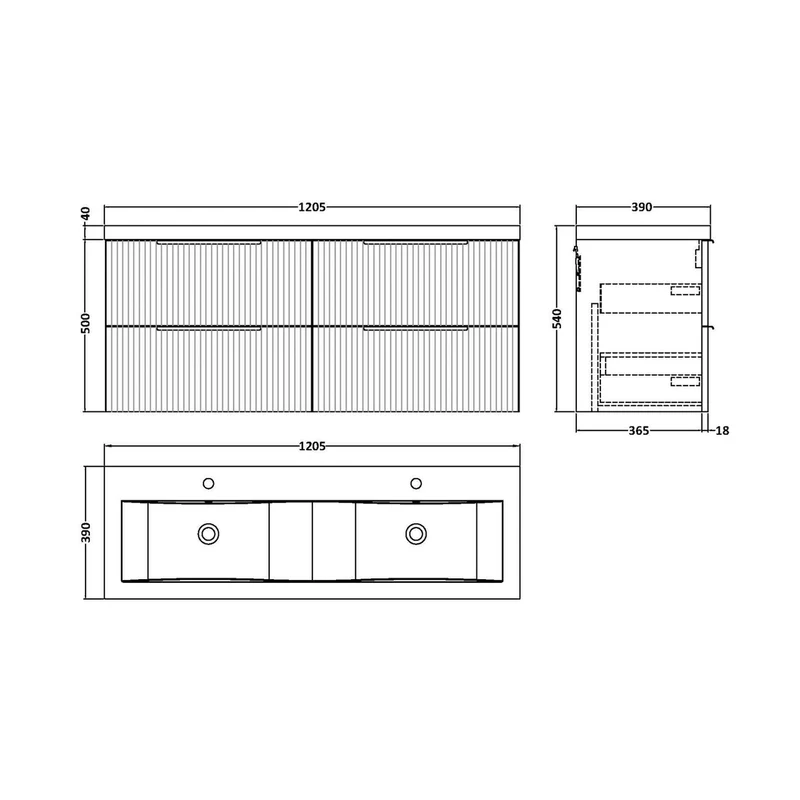 Hudson Reed Fluted 1200mm Wall Hung 4 Drawer Vanity & Double Basin Contemp Satin White MFC Painted Gloss 540x1205x383mm - DFF193F