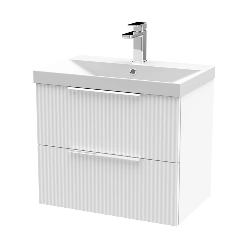 Hudson Reed Fluted 600mm Wall Hung 2 Drawer Vanity & Basin 3 Contemp Satin White MFC Painted Gloss 550x610x395mm