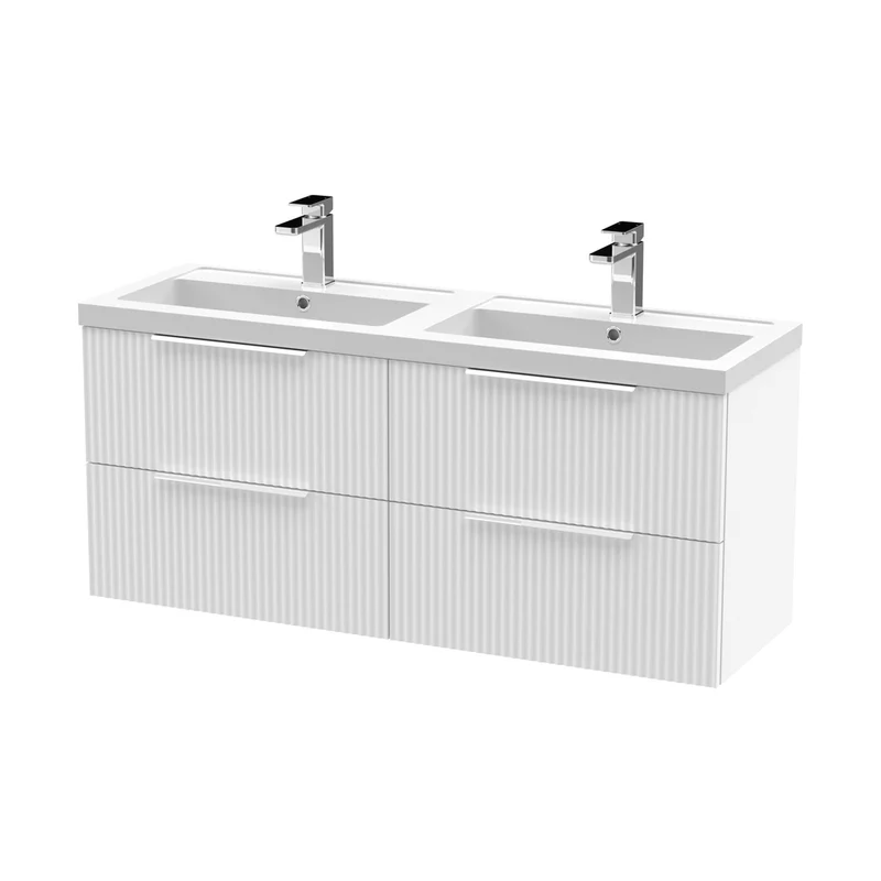 Hudson Reed Fluted 1200mm Wall Hung 4 Drawer Vanity & Double Basin Contemp Satin White MFC Painted Gloss 540x1205x383mm - DFF193C