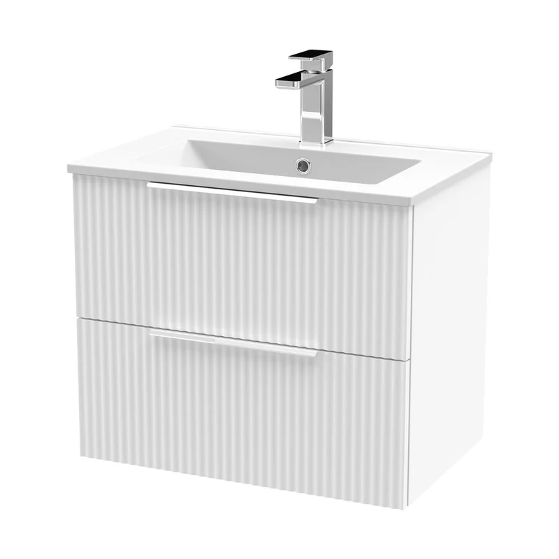 Hudson Reed Fluted 600mm Wall Hung 2 Drawer Vanity & Basin 2 Contemp Satin White MFC Painted Gloss 518x600x390mm