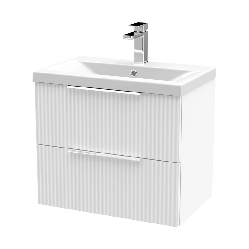 Hudson Reed Fluted 600mm Wall Hung 2 Drawer Vanity & Basin 1 Contemp Satin White MFC Painted Gloss 540x610x390mm
