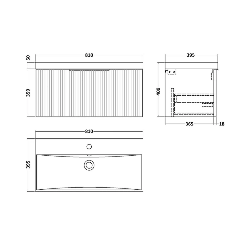 Hudson Reed Fluted 800mm Wall Hung Single Drawer Vanity & Basin 3 Contemp Soft Black MFC Painted Gloss 409x810x395mm