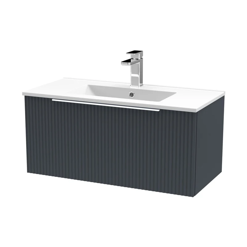 Hudson Reed Fluted 800mm Wall Hung Single Drawer Vanity & Basin 2 Contemp Soft Black MFC Painted Gloss 377x800x390mm