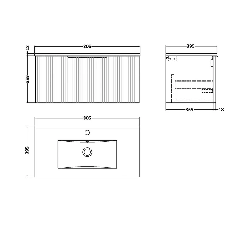 Hudson Reed Fluted 800mm Wall Hung Single Drawer Vanity & Basin 2 Contemp Soft Black MFC Painted Gloss 377x800x390mm