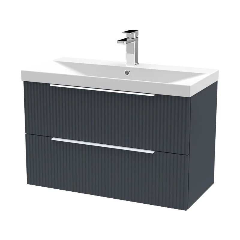 Hudson Reed Fluted 800mm Wall Hung 2 Drawer Vanity & Basin 3 Contemp Soft Black MFC Painted Gloss 550x810x395mm