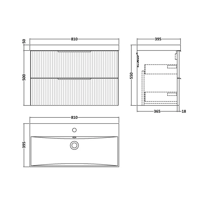Hudson Reed Fluted 800mm Wall Hung 2 Drawer Vanity & Basin 3 Contemp Soft Black MFC Painted Gloss 550x810x395mm