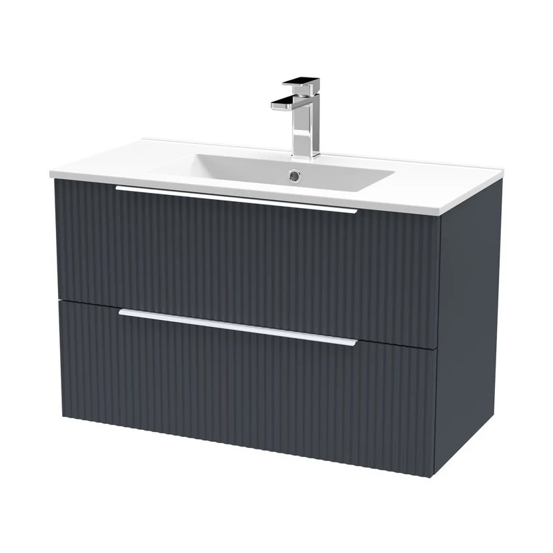 Hudson Reed Fluted 800mm Wall Hung 2 Drawer Vanity & Basin 2 Contemp Soft Black MFC Painted Gloss 518x800x390mm