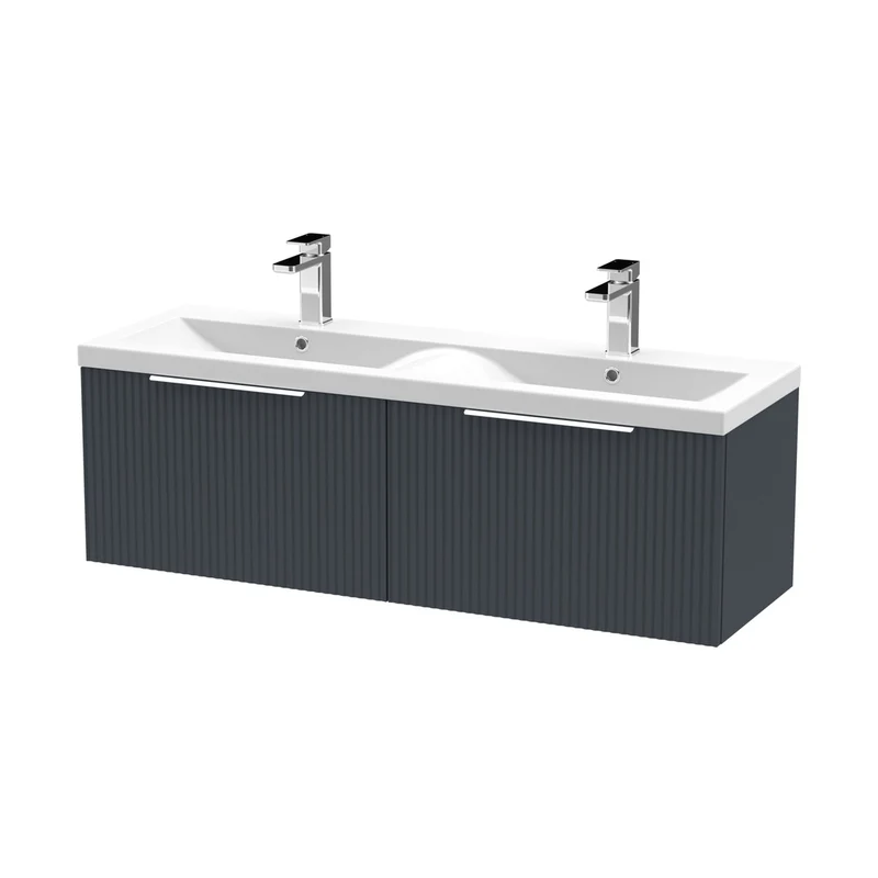 Hudson Reed Fluted 1200mm Wall Hung 2 Drawer Vanity & Double Basin Contemp Soft Black MFC Painted Gloss 399x1205x383mm - DFF1494F