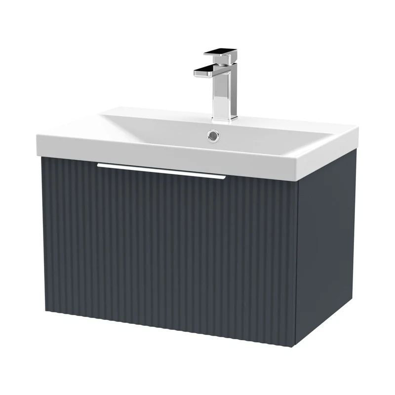 Hudson Reed Fluted 600mm Wall Hung Single Drawer Vanity & Basin 3 Contemp Soft Black MFC Painted Gloss 409x610x395mm