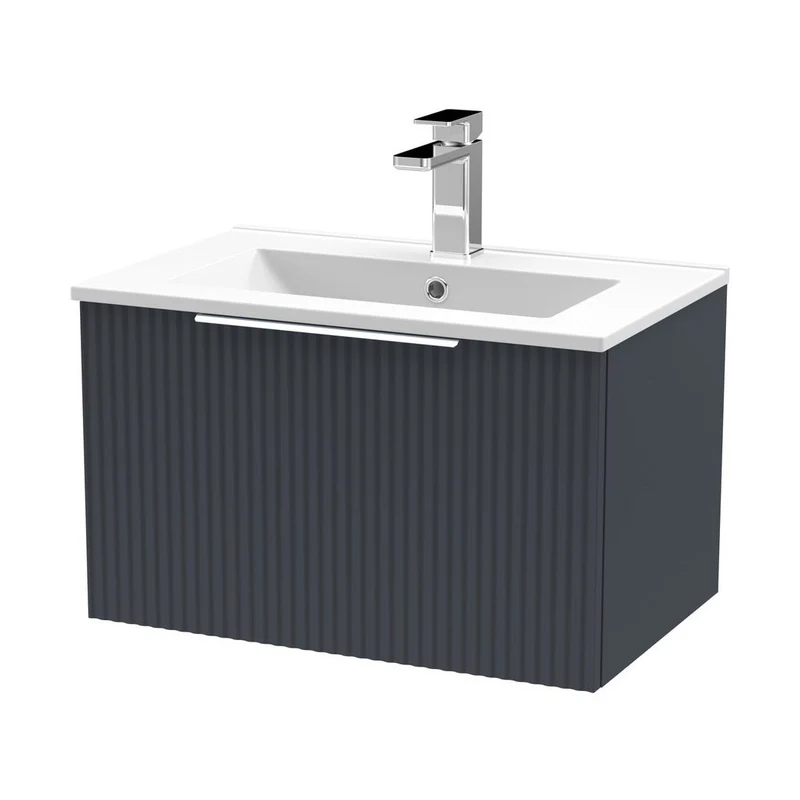 Hudson Reed Fluted 600mm Wall Hung Single Drawer Vanity & Basin 2 Contemp Soft Black MFC Painted Gloss 377x600x390mm