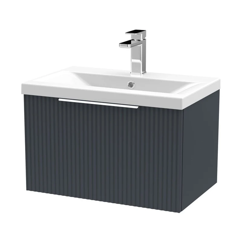 Hudson Reed Fluted 600mm Wall Hung Single Drawer Vanity & Basin 1 Contemp Soft Black MFC Painted Gloss 399x610x390mm