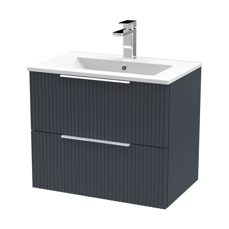 Hudson Reed Fluted 600mm Wall Hung 2 Drawer Vanity & Basin 2 Contemp Soft Black MFC Painted Gloss 518x600x390mm