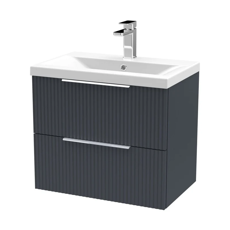 Hudson Reed Fluted 600mm Wall Hung 2 Drawer Vanity & Basin 1 Contemp Soft Black MFC Painted Gloss 540x610x390mm