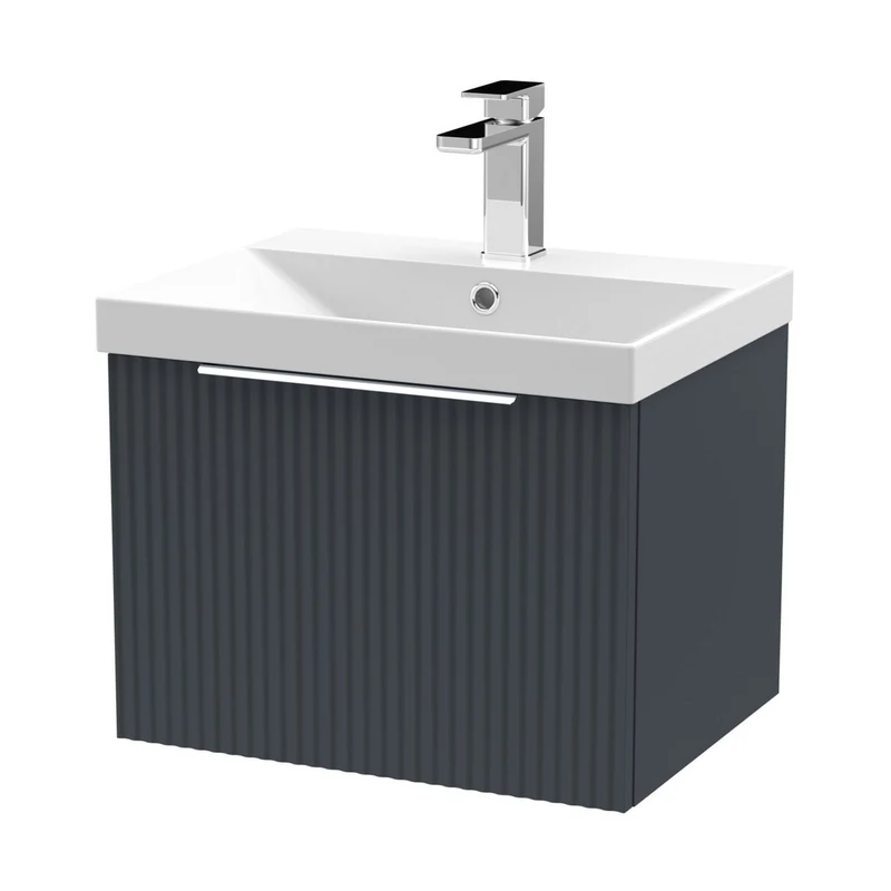 Hudson Reed Fluted 500mm Wall Hung Single Drawer Vanity & Basin 3 Contemp Soft Black MFC Painted Gloss 409x510x395mm