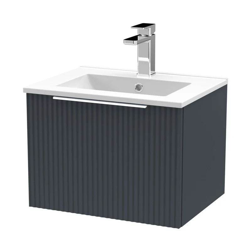 Hudson Reed Fluted 500mm Wall Hung Single Drawer Vanity & Basin 2 Contemp Soft Black MFC Painted Gloss 377x500x390mm