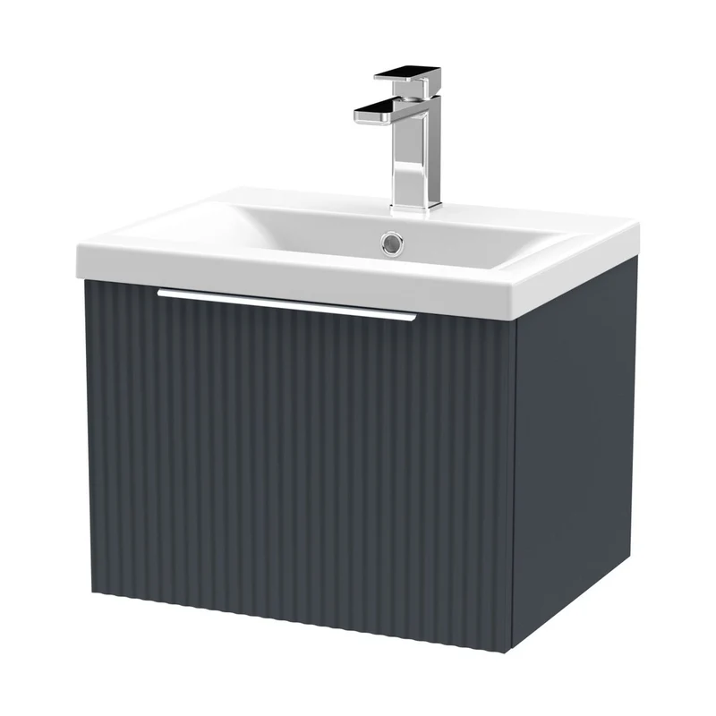 Hudson Reed Fluted 500mm Wall Hung Single Drawer Vanity & Basin 1 Contemp Soft Black MFC Painted Gloss 399x510x390mm