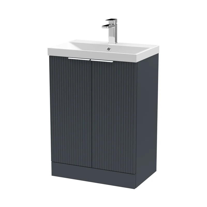 Hudson Reed Fluted 600mm Floor Standing 2 Door Vanity & Basin 3 Contemp Soft Black MFC Painted Gloss 860x610x395mm