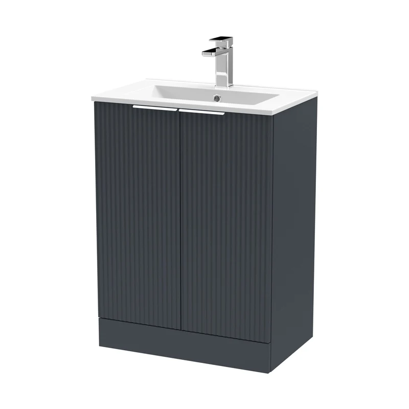 Hudson Reed Fluted 600mm Floor Standing 2 Door Vanity & Basin 2 Contemp Soft Black MFC Painted Gloss 828x600x390mm