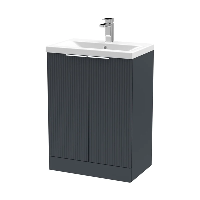 Hudson Reed Fluted 600mm Floor Standing 2 Door Vanity & Basin 1 Contemp Soft Black MFC Painted Gloss 850x610x390mm