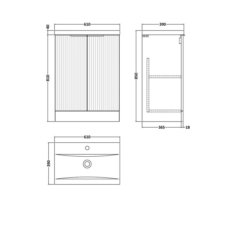 Hudson Reed Fluted 600mm Floor Standing 2 Door Vanity & Basin 1 Contemp Soft Black MFC Painted Gloss 850x610x390mm