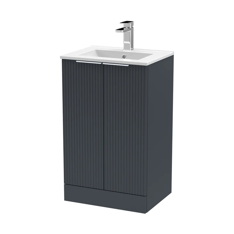 Hudson Reed Fluted 500mm Floor Standing 2 Door Vanity & Basin 2 Contemp Soft Black MFC Painted Gloss 828x500x390mm