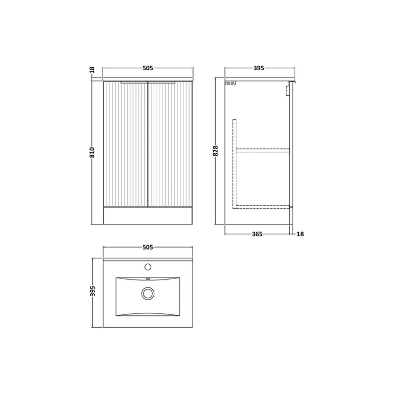 Hudson Reed Fluted 500mm Floor Standing 2 Door Vanity & Basin 2 Contemp Soft Black MFC Painted Gloss 828x500x390mm