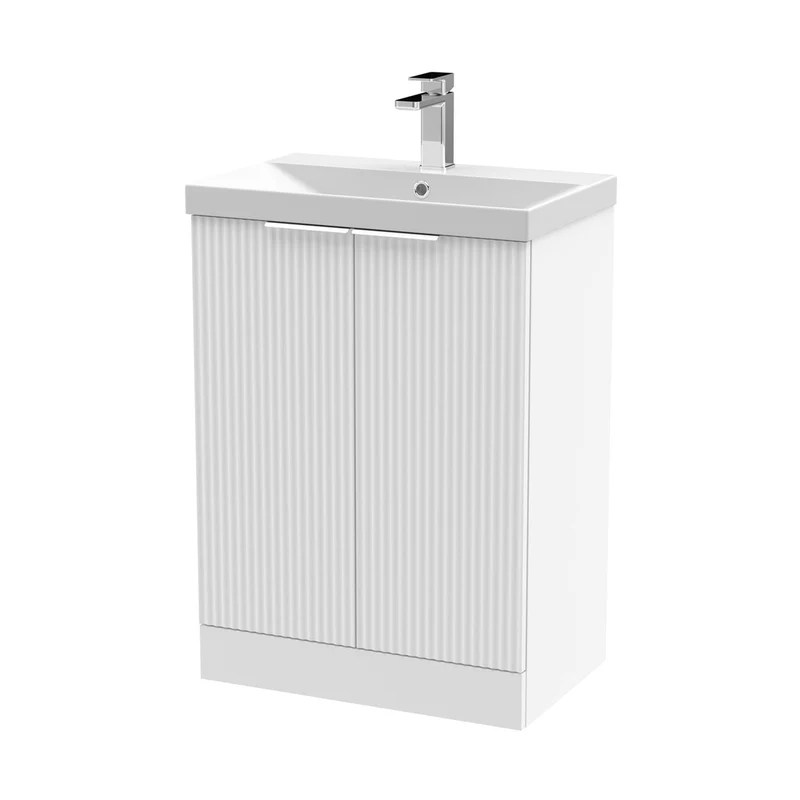 Hudson Reed Fluted 600mm Floor Standing 2 Door Vanity & Basin 3 Contemp Satin White MFC Painted Gloss 860x610x395mm