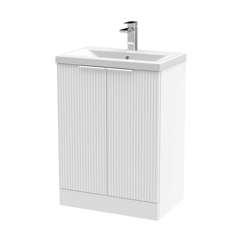 Hudson Reed Fluted 600mm Floor Standing 2 Door Vanity & Basin 1 Contemp Satin White MFC Painted Gloss 850x610x390mm