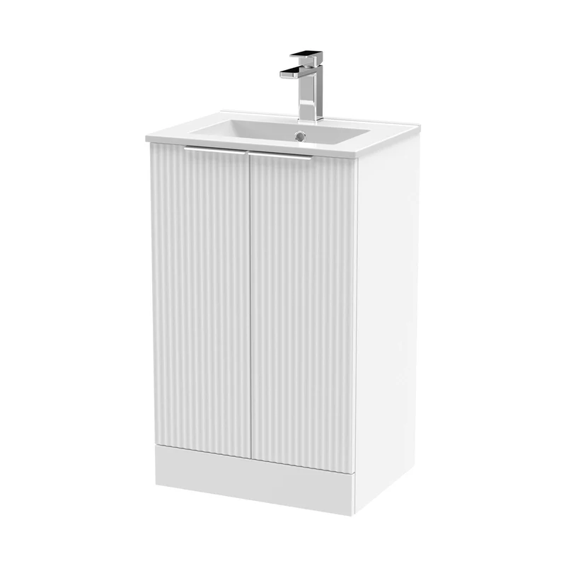 Hudson Reed Fluted 500mm Floor Standing 2 Door Vanity & Basin 2 Contemp Satin White MFC Painted Gloss 828x500x390mm