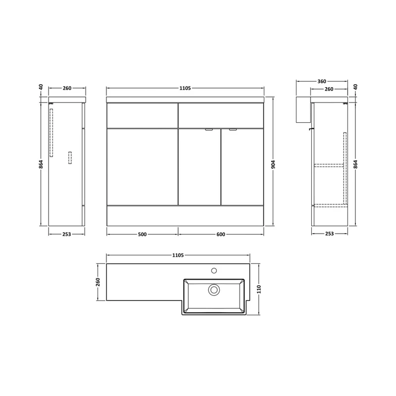 Hudson Reed Fusion 1100mm Combination Unit & Right Hand Semi Recessed Basin Contemp Gloss Grey MFC Painted Gloss 904x1105x460mm