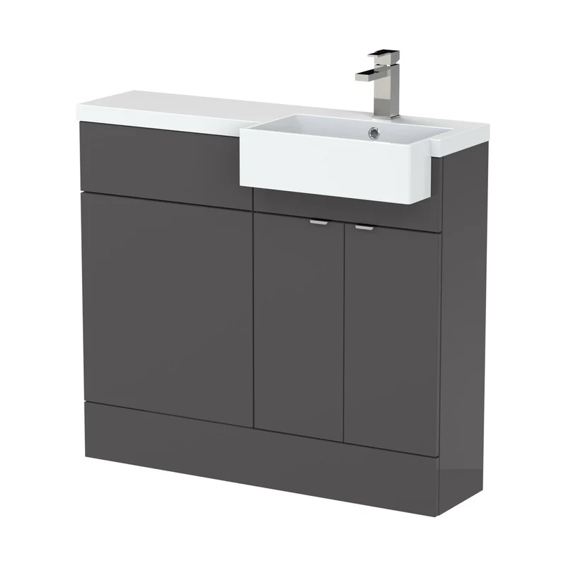 Hudson Reed Fusion 1000mm Combination Unit & Right Hand Semi Recessed Basin Contemp Gloss Grey MFC Painted Gloss 904x1005x460mm