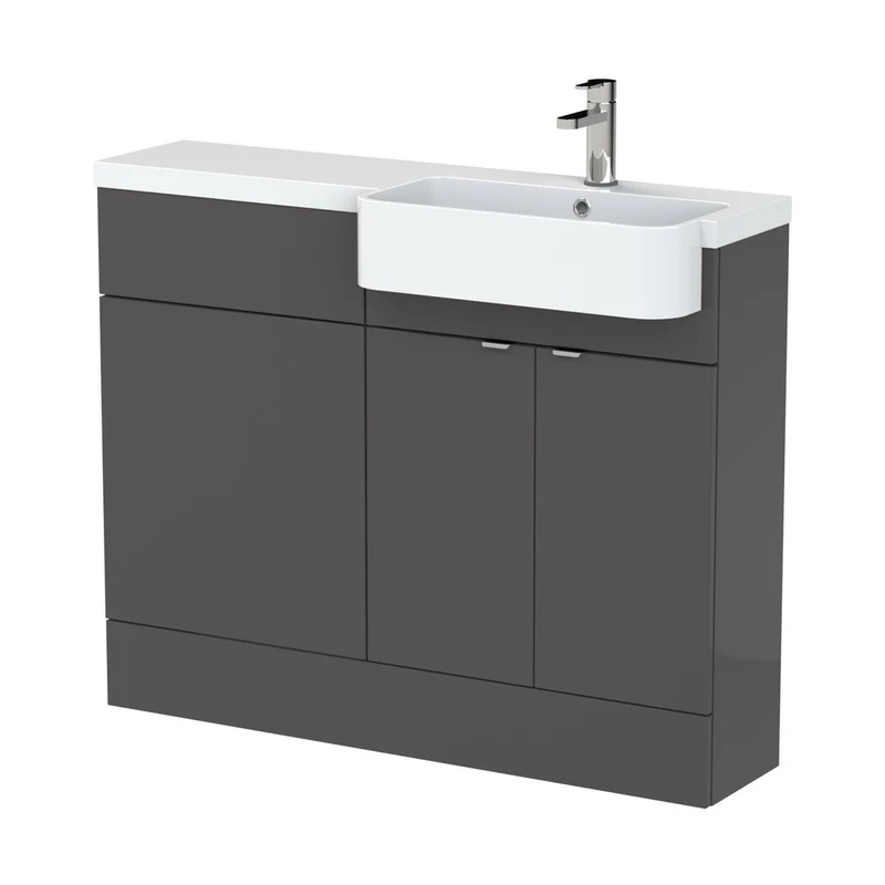 Hudson Reed Fusion 1100mm Combination Unit & Right Hand Semi Recessed Basin Contemp Gloss Grey MFC Painted Gloss 904x1105x360mm