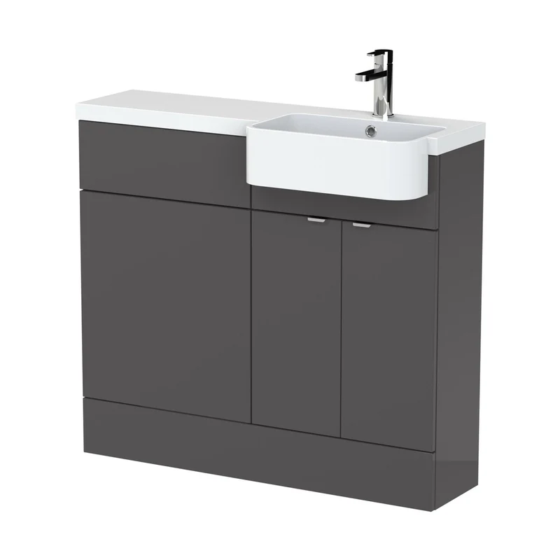Hudson Reed Fusion 1000mm Combination Unit & Right Hand Semi Recessed Basin Contemp Gloss Grey MFC Painted Gloss 904x1005x360mm
