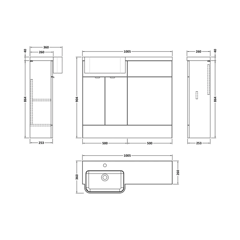 Hudson Reed Fusion 1000mm Combination Unit & Left Hand Semi Recessed Basin Contemp Gloss Grey MFC Painted Gloss 904x1005x360mm