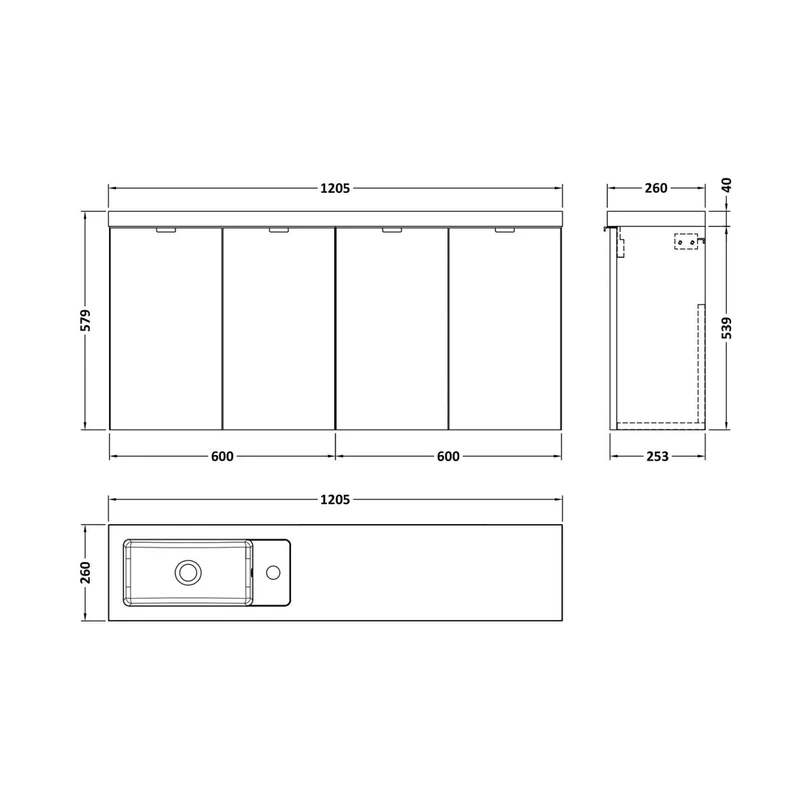 Hudson Reed Fusion 1200mm Vanity Unit & Basin - Compact Contemp Gloss Grey MFC Painted Gloss 579x1205x260mm