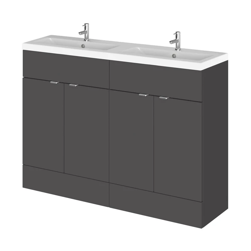 Hudson Reed Fusion 1200mm Vanity Unit & Double Ceramic Basin Contemp Gloss Grey MFC Painted Gloss 904x1208x360mm