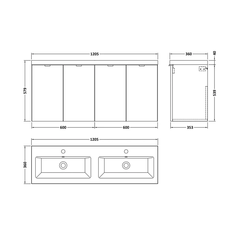 Hudson Reed Fusion 1200mm Vanity Unit & Double Ceramic Basin Contemp Gloss Grey MFC Painted Gloss 579x1208x360mm - CBI933A