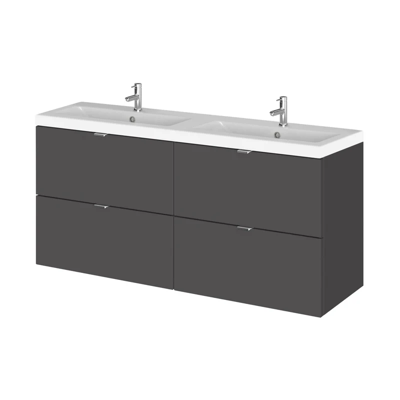 Hudson Reed Fusion 1200mm Vanity Unit & Double Ceramic Basin Contemp Gloss Grey MFC Painted Gloss 579x1208x360mm - CBI932A