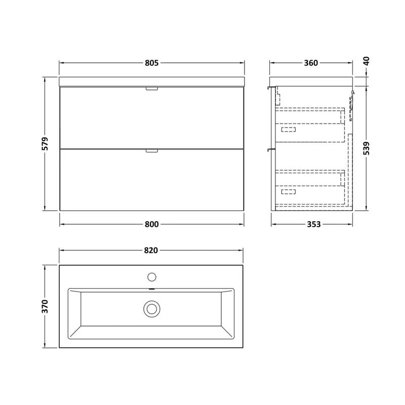 Hudson Reed Fusion 800mm Vanity Unit & Ceramic Basin Contemp Gloss Grey MFC Painted Gloss 579x805x360mm